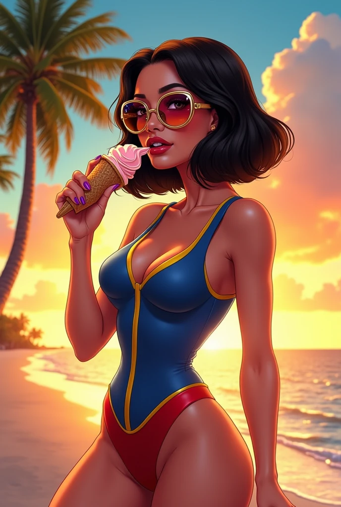 ((Realstic)) and ultra-detailed photography of a nude woman, sexy pose, holding ice-cream, sexy swimsuit, sunny, sunlight, daylight, daytime, woman is lit from the front, rim lighting, atmospheric lighting, woman is well lit, sexy, beautiful woman, glowing skin, cinematic lighting, beach background