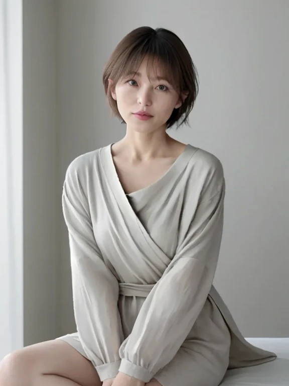 Short sleeve、Japanese woman in her 30s、(White wall in the background、brownish hair color)、Photographed in front of a white wall、Layered Cut、Very delicate hair、(In a room with white walls and windows)、((Highest quality、8K、masterpiece:1.3))、Ultra-high resolution、(photoGenuineistic:1.4)、RAW Photos、Japanese,(detailed aspects)、Genuine、Photographed in natural light、Highly detailed face and skin texture、Highly detailed lips、The correct state of the human body、Medium Hair、Brown Hair、Various poses、Natural color lip