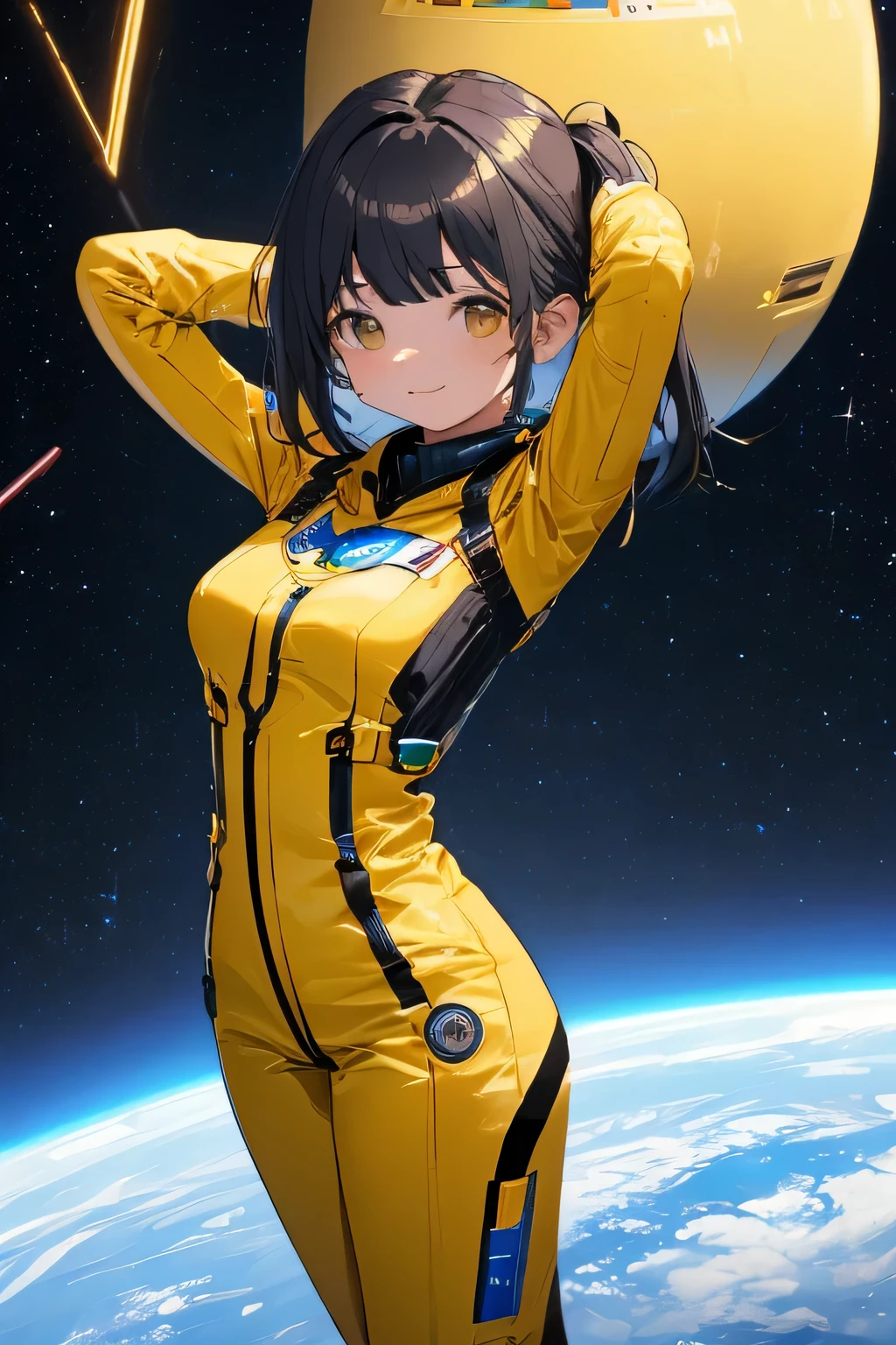 Space ship, captain future, comet, extremely fine and beautiful design, illustration, masterpiece,best quality, high resolution, 8k, sf,space fantasy, extremely beautiful and fain design, extremely fine and beautiful colors, An anime girl with shoulder-length green short hair and warm brown eyes, dressed in a sleek, black-and-yellow space pilot suit with metallic patches on her shoulders. She’s leaning back with her hands behind her head, standing in singing dancing pose, background a planet with visible Universe Galaxy