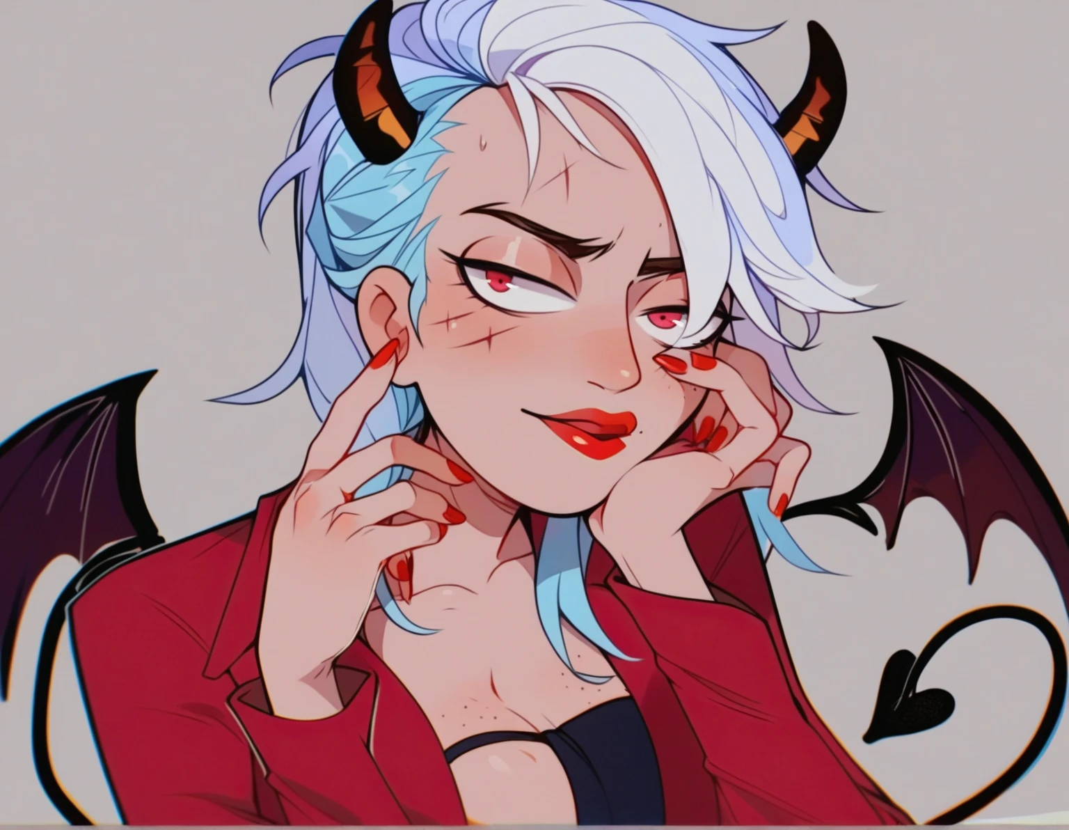 ((extreme detail)),(ultra-detailed),(painting), chiaroscuro, extremely detailed CG unity 8k wallpaper, best quality, portrait,zdrada,red shirt,bedroom,horns,devil tail