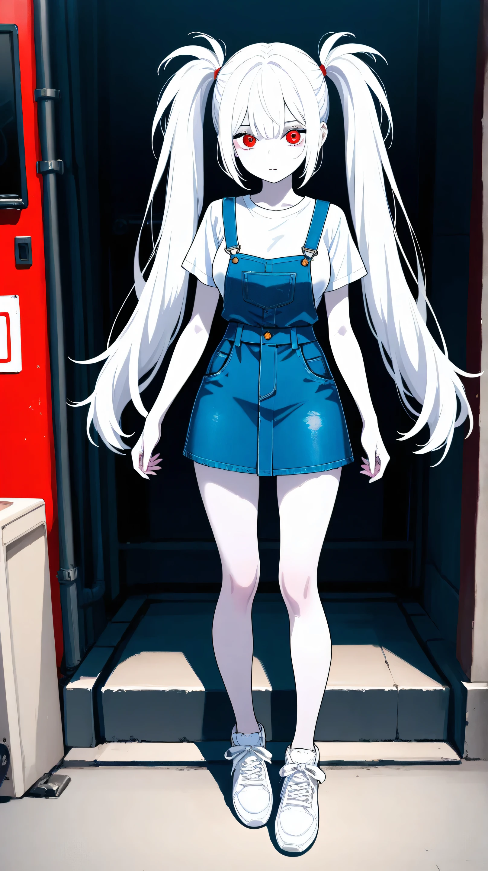 1 girl, medium breast, white hair, long twin tails, pale skin, red eyes, denim dress, short sleeve, white sneakers, white shirt