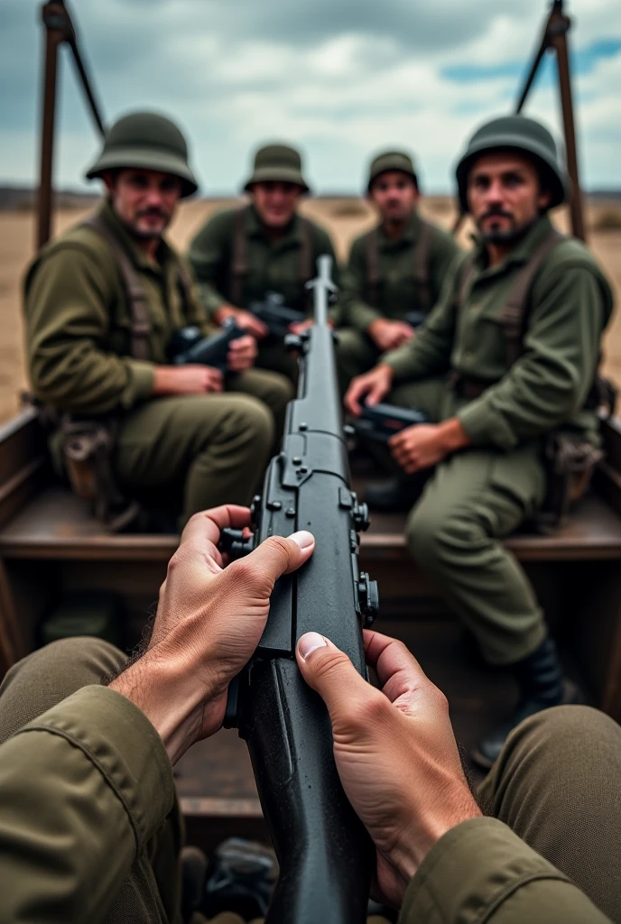 (masterpiece, 8K, UHD, photorealistic:1.3), mysterious warfare specialist, (black uniform:1.2), peaked cap, gesturing hand, instructing group of Egyptian army soldiers, traditional khaki uniforms, attentive faces, outside, vast desert landscape, sand dunes, blazing sun, vintage military vehicles, grayscale, (1950s film grain effect:1.2), weathered edges, dusty atmosphere, taken from behind the specialist, side view.