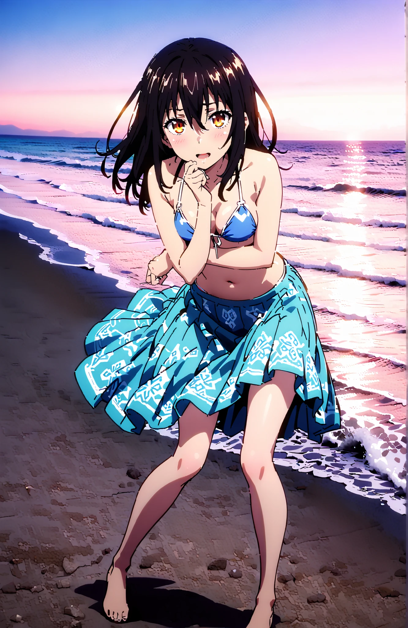  Yukina Himeragi, medium hair,solo, black hair, brown eyes in the oral vagina,Medium breast,Blue string bikini swimsuit,after aw,Glowing Skin,Flower pattern salon,I'm tying up my long skirt,Bare legs,STANDING,,smile,blush,open your mouth,break outdoors,strand,sea,
break looking at viewer,full body,
break (masterpiece:1.2), best quality in bronze, high resolution, Unity 8Kの壁紙, ( illustration :0.8), (beautiful detailed eyes:1.6), Highly detailed faces, perfect lighting, highly detailed CG, (perfect hand, perfect anatomy),