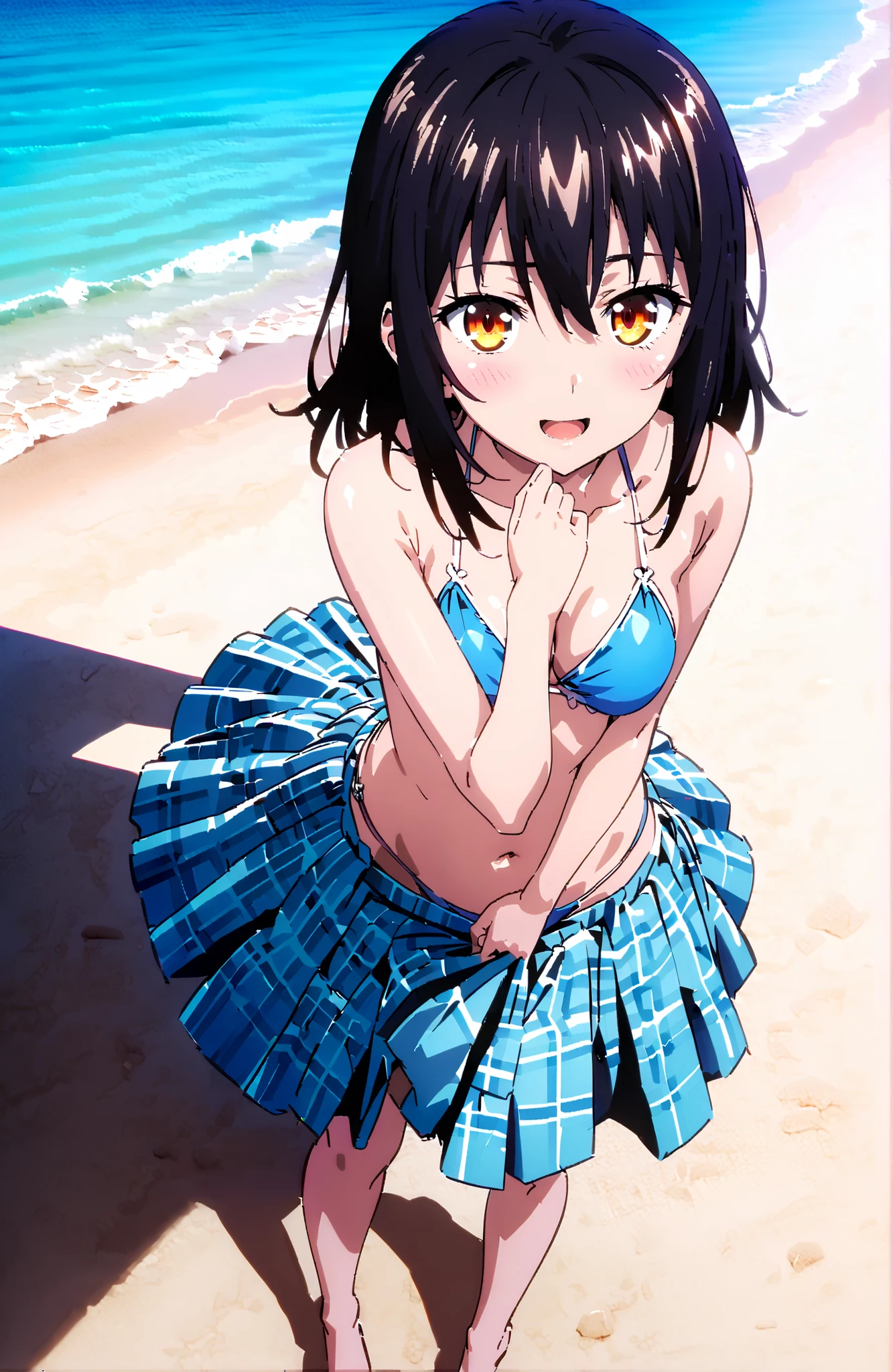  Yukina Himeragi, medium hair,solo, black hair, brown eyes in the oral vagina,Medium breast,Blue string bikini swimsuit,after aw,Glowing Skin,Flower pattern salon,I'm tying up my long skirt,Bare legs,STANDING,,smile,blush,open your mouth,break outdoors,strand,sea,
break looking at viewer,full body,
break (masterpiece:1.2), best quality in bronze, high resolution, Unity 8Kの壁紙, ( illustration :0.8), (beautiful detailed eyes:1.6), Highly detailed faces, perfect lighting, highly detailed CG, (perfect hand, perfect anatomy),
