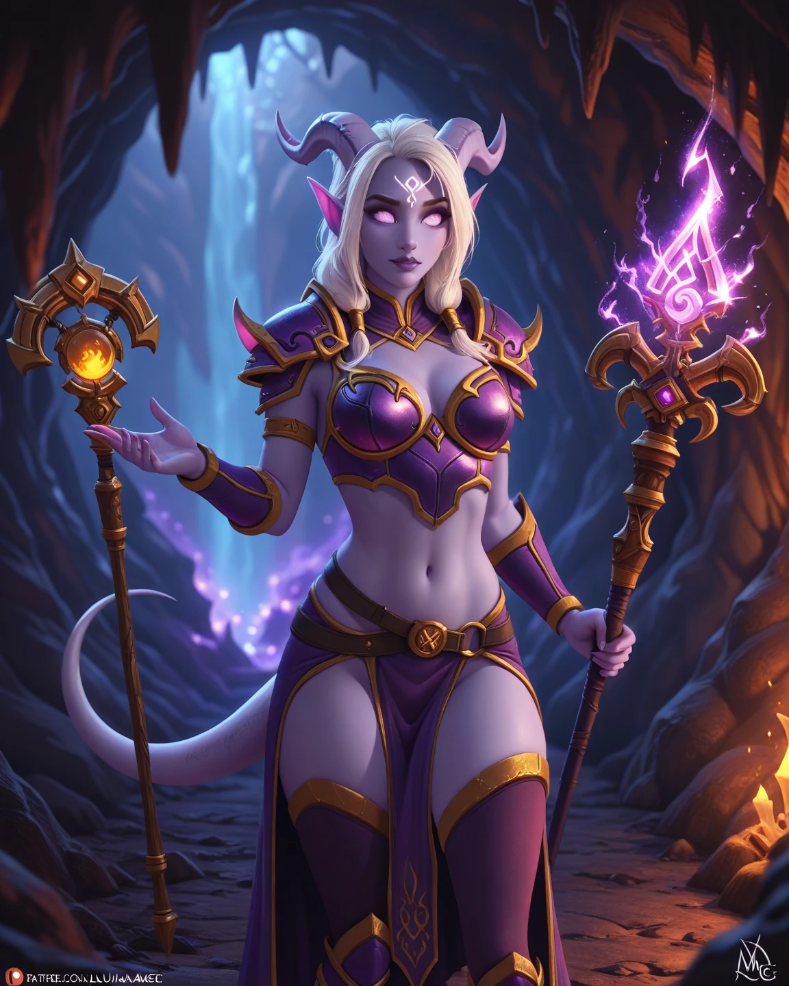 (highly detailed:1.3),
advntr, outdoors, (clear sky:1.2), (day:1.2), (hill:1.3), (belly chain:1.2), (navel piercing:1.2), (tattoo:1.2), (very long hair:1.1), (hair ornament:1.2), (large breasts:1.2),
1girl, solo, (full armor:1.2), mature female, draenei, (purple skin:1.3), fortress, light smile, stance, muscular female,
<lora:StarryIncursioStyle:0.7>,
Ultra-detail, (highres:1.1), best quality, (masterpiece:1.3), cinematic lighting, <lora:add_detail:0.5>, <lora:epi_noiseoffset2:1>,