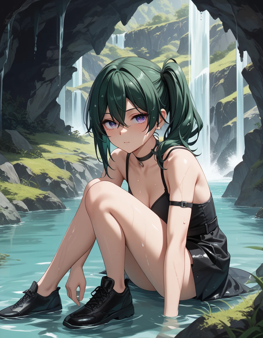 masutepiece、high-level image quality、male in his 20s、green colored hair、Pink eyes、Immerse your body in water、lying back on、Clothes also get wet、Expression of melancholy、Beautiful fece