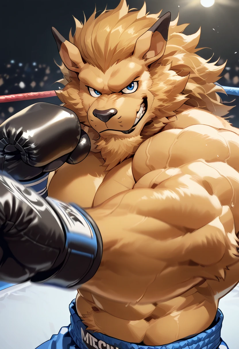 solo, 1boy, Huge Muscular Old Grizzly Bear wearing kickboxing MMA belt , thick pectoral, thick arms, huge pectoral, wide pectoral, hige brown fur, short white hair, Kickboxing MMA shorts, kickboxing MMA gloves, Kickboxing MMA Footwear 5 toes and shirtless, bearded, Kickboxing Martial Arts Cage Tournament background, masterpiece, semirealistic:1.2, high detailed, 8k, high resolution, flexes his bicep