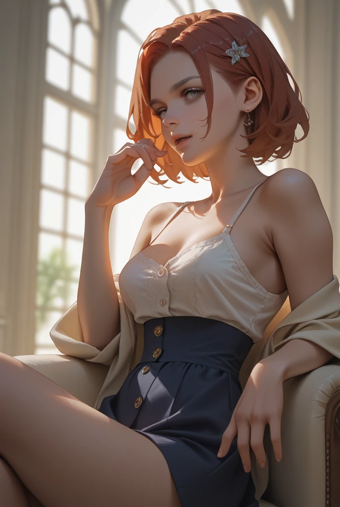 ((((masterpiece, best quality, high resolution)))), Extremely detailed 8K, Beautiful girl with voluptuous body, (Ultra HD, Ultra-detailed, Highly detailed, Highly realistic, Ultra-realistic, photograph realistic), (1girl:1.5), (orange hair), (short hair, shoulder length cut, earrings), (dynamic poses), facing at camera, looking at viewer, (blushing red, embarrassed, smile), (grey eyes, sharp eyes), (small breasts:1.2), (beautiful detailed face, beautiful detailed eyes), ((silk dress)), (sitting on couch), sweat, glow, (sunbeam, sunlight), ((cowboy shot)), bedroom, seductive
