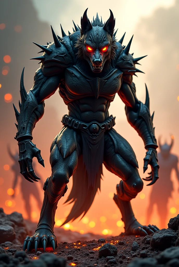 scp 682, full body, angry, black fur, skull head, zombie, fur covered with fire, realistic proportions