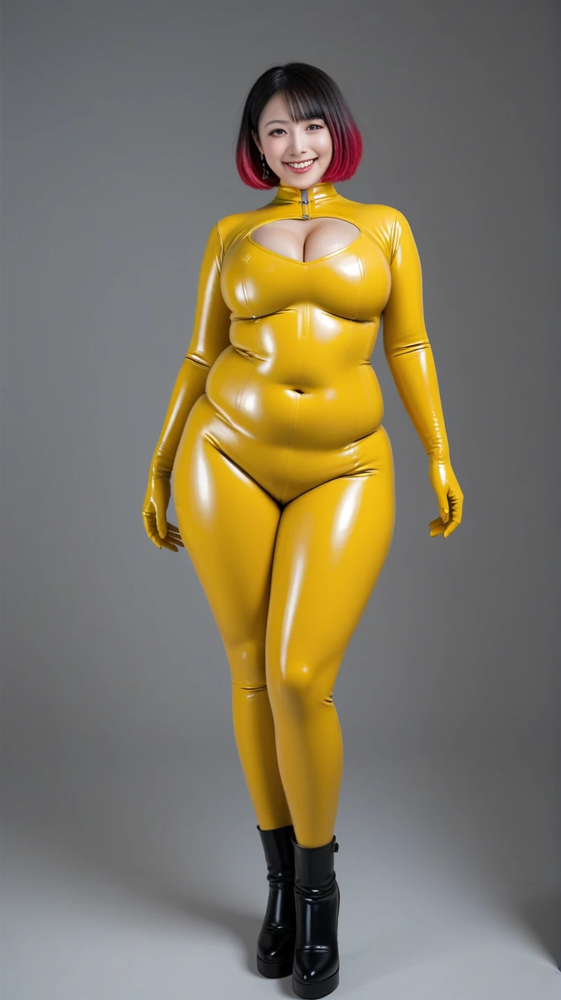 full body view,front view ,both hands are on sexy hip ,gaze at camera , in studio photography , gray backdrop , Upscale ugly wrinkle face old mature , 55years old ugly Persian mom , Big breasts ,wet body , wet clothes , oiled , super tight and shiny and (((sheer transparent yellow bodystocking))) ,see-trough , heavy wrinkle on her face