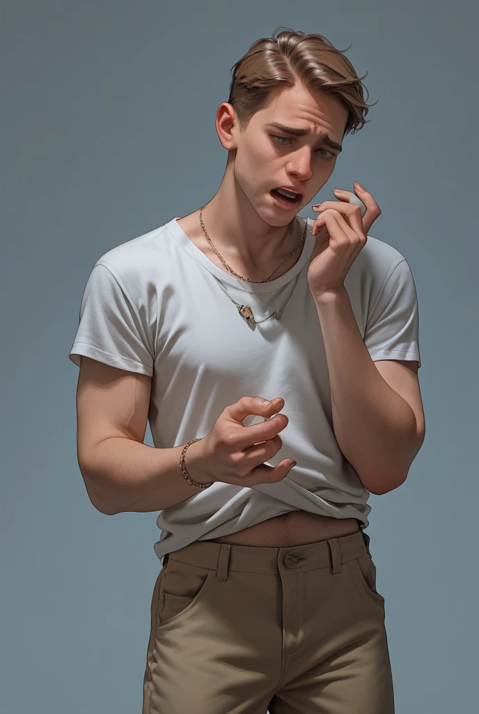A teenage boy, with brown hair, with a wet shirt, two large marked pectorals, a long lycra style pants, black stockings, without shoes, on my knees begging for more