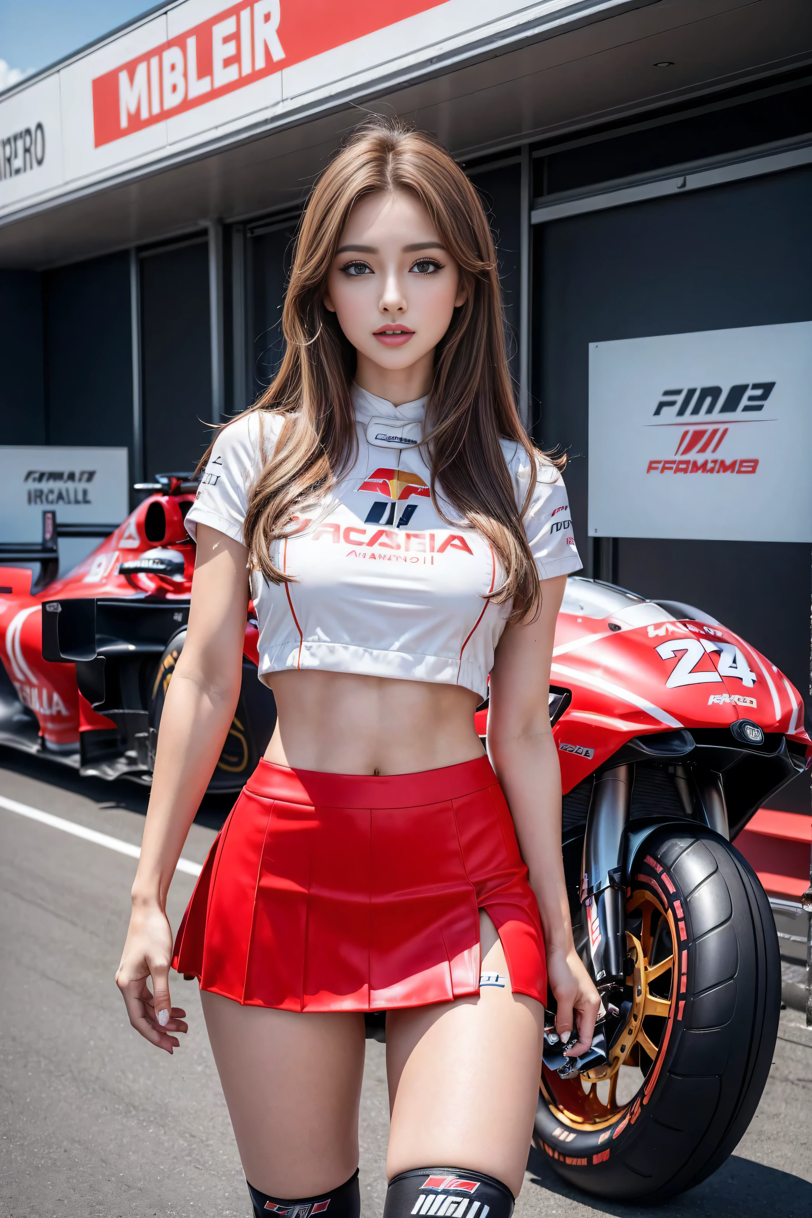 (masterpiece), ( MotoGP racing girls), (eyeliner:0.5),(blush:0.5), black fur, a slight smile, beautifully繊細な少女を指す, very detailed eyes and face, beautifully繊細な目, , ((Event List)), (MotoGP track background), (of the highest quality, High resolution, reality, original, 8k,masterpiece, ),(((dynamic pose))),(((Central perspective))),(((Shows the bottom of the chest. ))),(((Red miniskirt lift))),(((bare inner thighs))),(((F1 cars on display))), (vibrant colors:1.2), (beautifully),