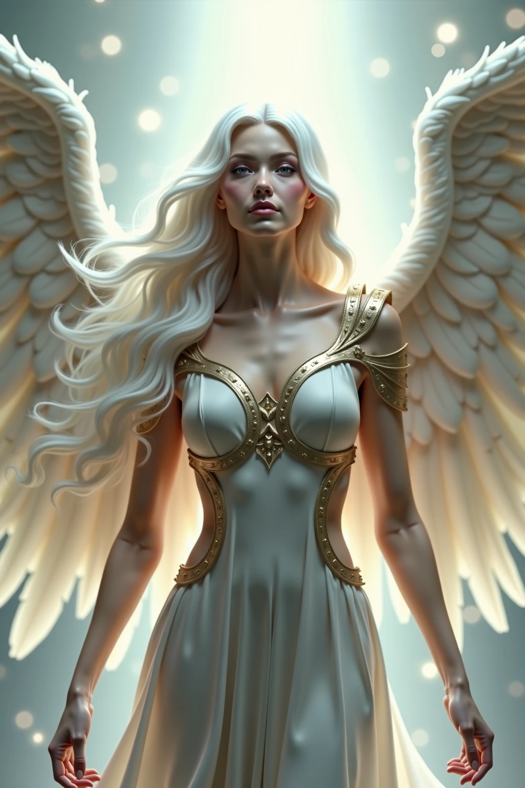 A white angel blonde woman, with white wings, fierce eyes, wearing a tiny ancient white dress is holding thunderbolts in her hands. She is flying. Goddess flying