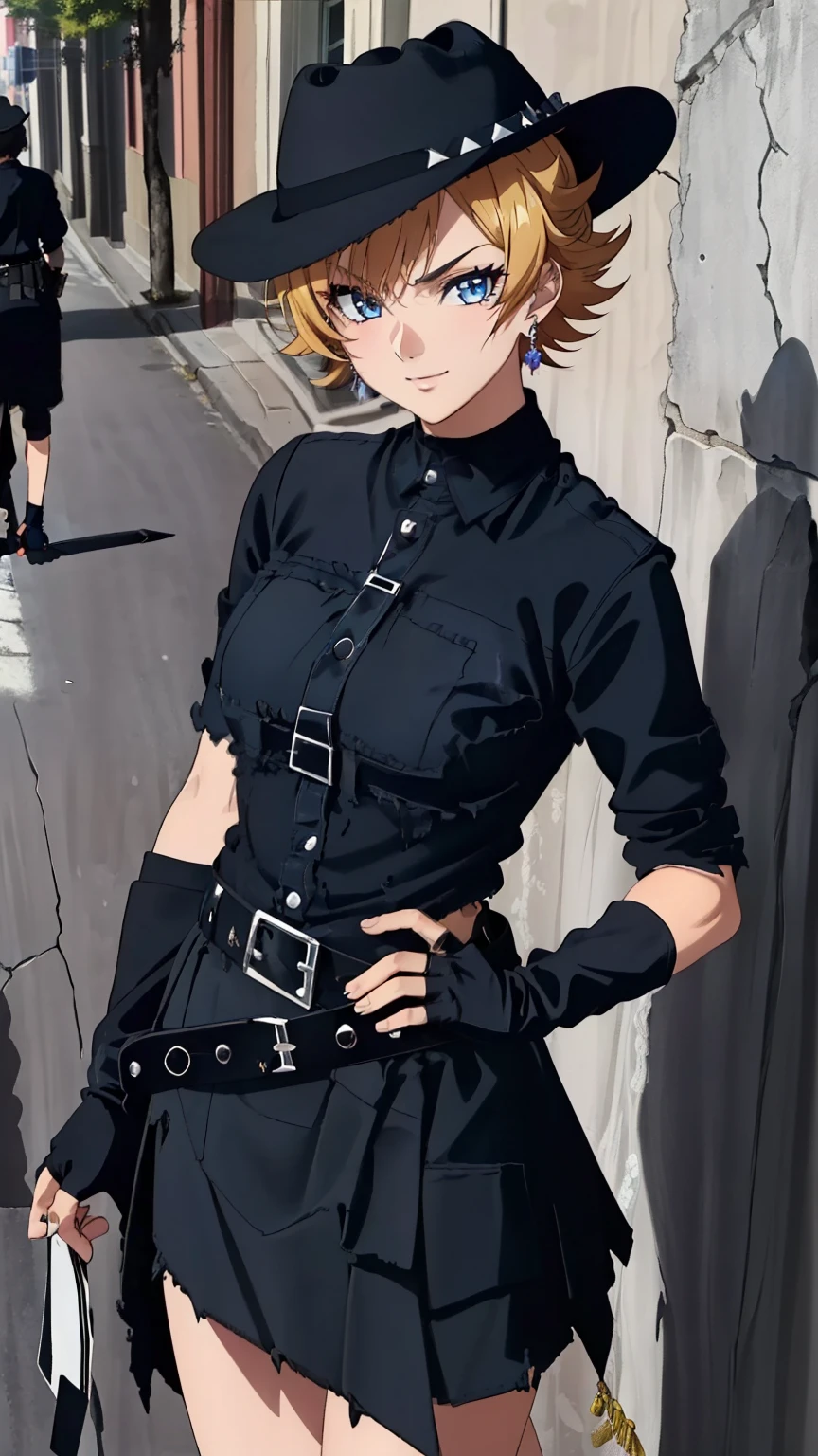 (Top quality, masterpiece, 8k:1.2), (anime coloring:1.4), very detailed, perfect hair style, beautiful eyes, perfect eyes, detailed eyes, perfect eyebrows, perfect face, detailed face, perfect hairstyle, ultra-detailed, detailed eyes, symmetrical eyes, (dynamic angle), sharp detailed,1girl, solo, igawa sakura, (mature face:1.0), slim, slim body, (medium breast:1.2), (dark blue eyes: 1.2), nffsw, Photorealistic perfect body, (mature face:1.0), ((half smile)), (street rock fashion, (black clothes:1.3), ripped skirt, fingerless gloves, fedora, belt, earrings, heavy makeup, street corner), looking at the viewer, dutch angle, (cowboy shot),