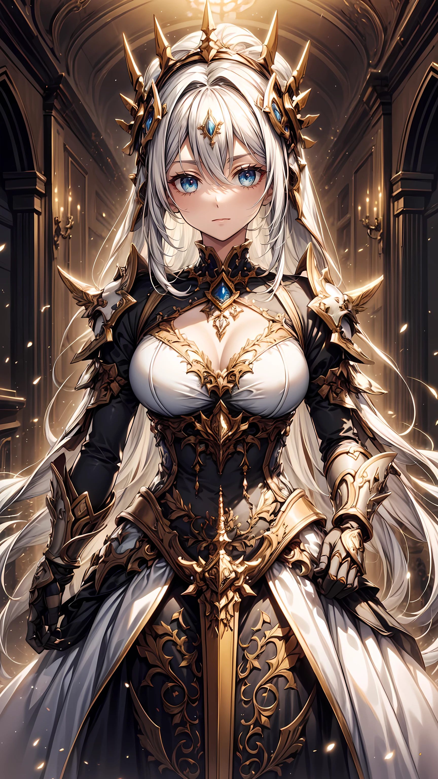 Girl with long silver hair and golden eyes, black armor, cleavage, iron armor skirt, iron boots