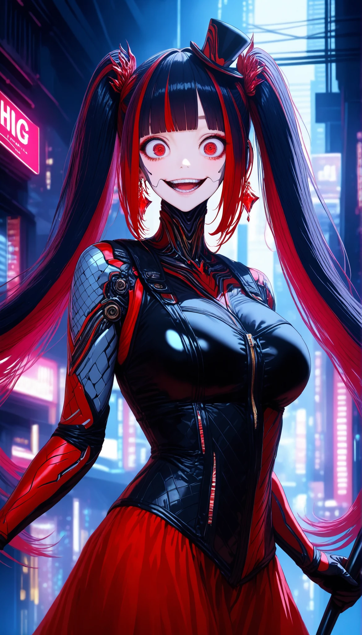SOLO,Cyberpunk city background, A female robot with perfect body,oppai,Wearing Red biological armor,(Red Princess dress long hem),(((Wearing Black short leather vest))), (white and red multicolored hair, twintails, blunt bangs),Red Mini top hat, Crazy eyes, Crystal earrings, crazy smile, social media composition,(Holding A Black Short Cane with Rudy),UHD, anatomically correct, masterpiece, textured skin, high details, highres, 1080P, 16k, accurate, Beautiful face, Perfect face, Highly detailed beautiful face and eyes, Attractive face, Detailed face, Delicate facial features, Detailed skin,Cowboy shot,Look at the viewer,(((hbig bosom)))