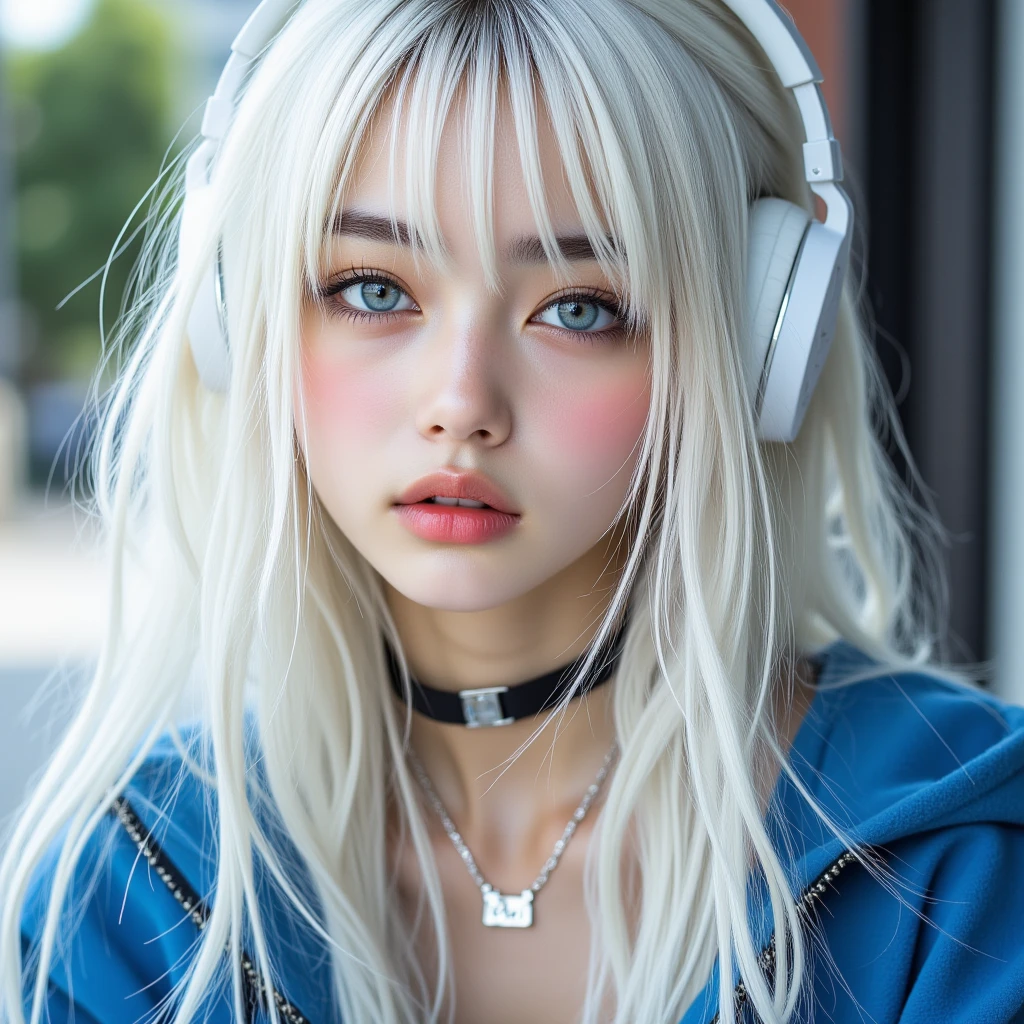 (A photo was posted on social media of a beautiful girl in idol cosplay singing into a microphone with headphones on in a recording studio.) (The beautiful girl is 17 years old, of 18% Japanese, 26% French, and 56% Ukrainian descent, 178 cm tall, with a small bust but a good figure and a beautiful, well-proportioned figure.) (Her hair is pink ash gray and super long, tied in twin tails with black ribbons and curling in a spiral shape towards the ends.) (Her eyebrows are the same color as her hair, thin, slightly thick and short, and her eyelashes are long.) (Her large blue eyes reflect the light of the lighting and are amazingly beautiful like pearls.) (Her nose is high like a British person, her lips are plump and shaped in a way that makes you want to kiss them, her skin is translucent white, and the balance between her head and face is in line with traditional Japanese aesthetics.) The number of fingers is neither too many nor too few, and they are expressed very delicately. (Single, Masterpiece, Ultra Detailed, Highest Quality, Artistic Composition, Ultra Precision, Realistic, Photorealistic, High Resolution, Dynamic Lighting Effects, Golden Ratio, Surreal). Try your best to meet all these criteria.