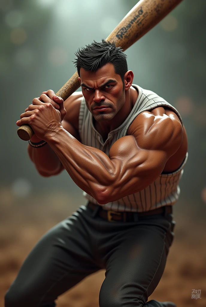 ultra realistic, unreal engine 5, batista, dark skin, muscular, pectoral, abs, tattoo, bald, beard, black eyes, (frown), topless male, baseball cap, baseball uniform, (baseball player batting), holding baseball bat,