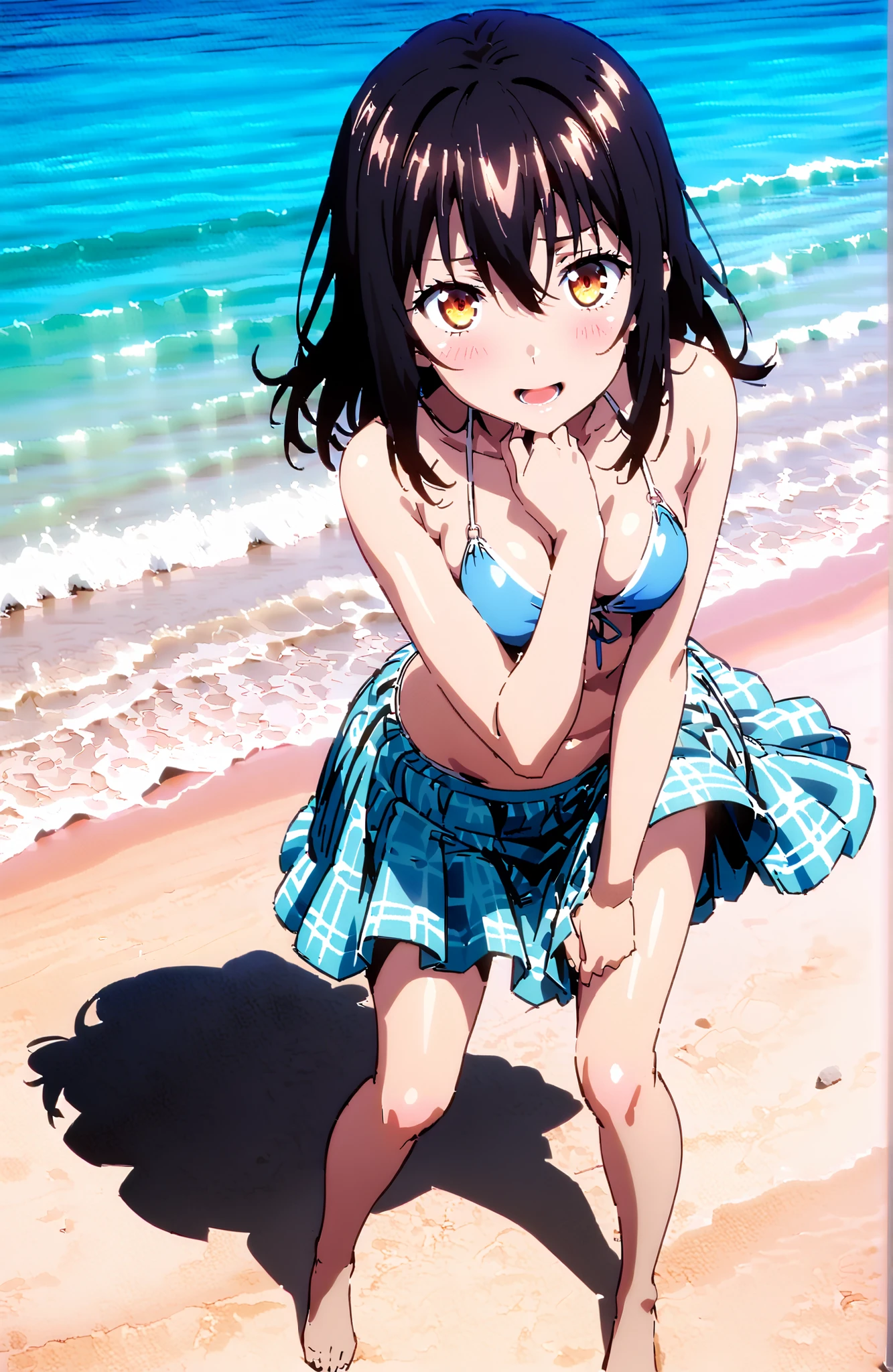 Yukina Himeragi, medium hair,solo, black hair, brown eyes in the oral vagina,Medium breast,Blue string bikini swimsuit,after aw,Glowing Skin,Flower pattern salon,I'm tying up my long skirt,Bare legs,STANDING,,smile,blush,open your mouth,break outdoors,strand,sea,
break looking at viewer,full body,
break (masterpiece:1.2), best quality in bronze, high resolution, Unity 8Kの壁紙, ( illustration :0.8), (beautiful detailed eyes:1.6), Highly detailed faces, perfect lighting, highly detailed CG, (perfect hand, perfect anatomy),