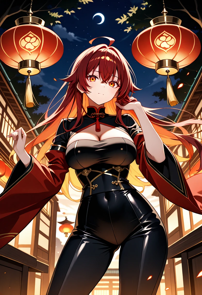 female, black long messy hair, red eyes, black fox ears, nine black fox tails, (((1girl))), (((black kimono with red and gold trim))), (red sash), (black knee high toeless socks), (red heeled sandals), cute and sexy, full body, large breasts, long legs, smiling, shoulders exposed, cleavage