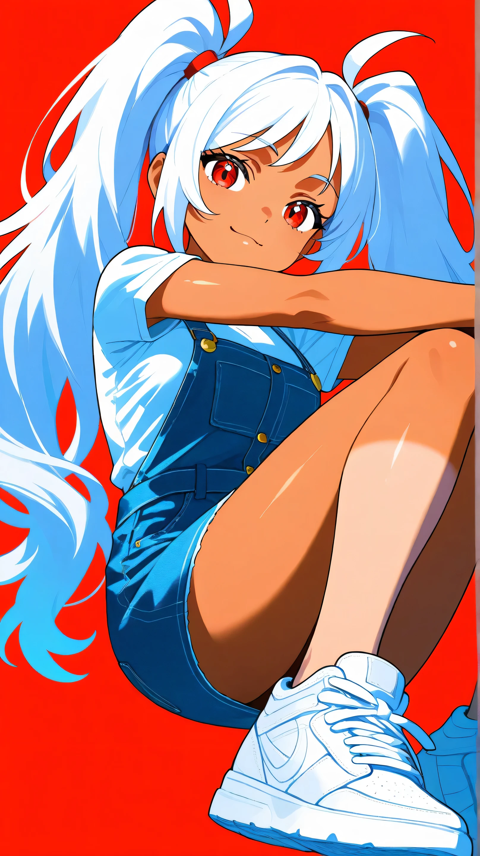 1 girl, medium breast, white hair, long twin tails, tanned skin, red eyes, denim dress, short sleeve, white sneakers, white shirt