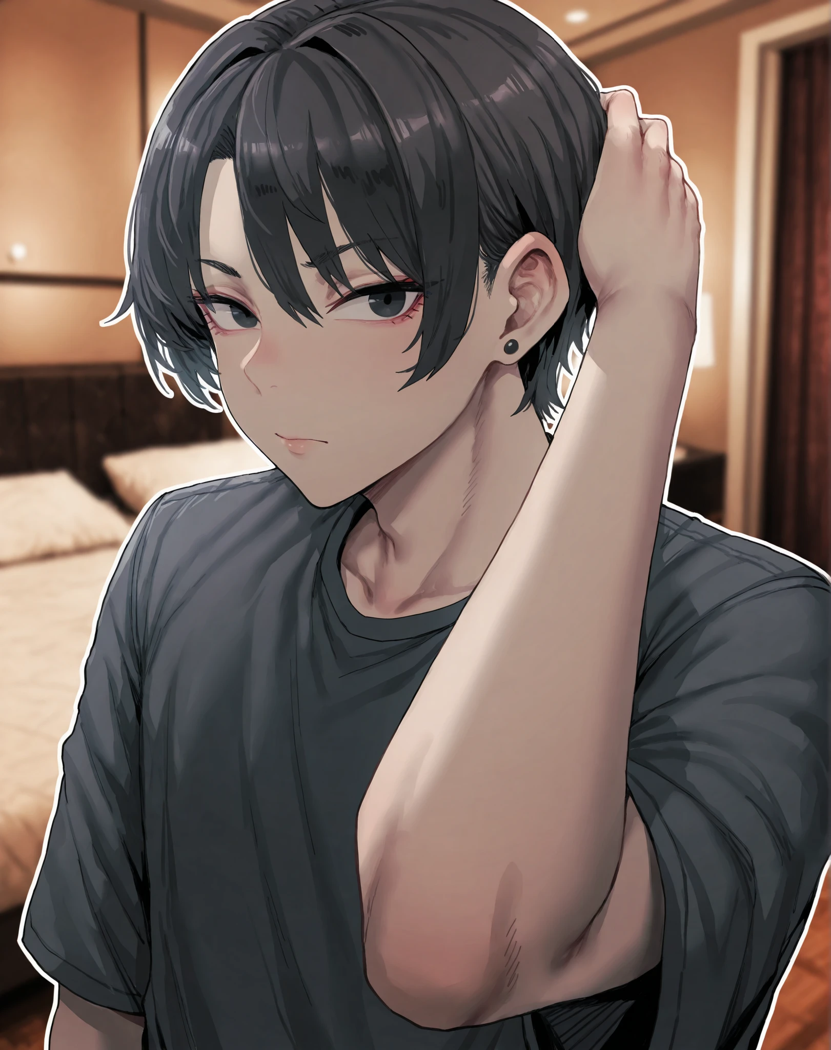 masterpiece, best quality, bee_(deadflow) style, shexyo style, solo, male, 1boys, dark hair, handsome, black hair, bangs, short hair, handsome, stud earrings, idol, fair skin, black eyes, indoors, hotel room, blurry background, upper body shot, facing viewer, hand on head, looking at viewer, outline, saturated