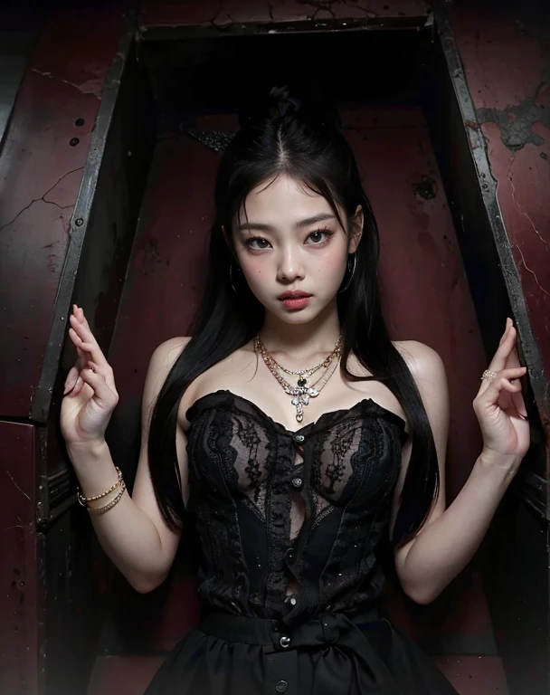 Korean women,32 years old,(Pale skin),necklace,(black collar:1.0) ,earrings 、Deep sadness、sorrow、Red lips open:1.6 . .Feeling very painful expression:1.6,masterpiece,original photo,best quality,detail:1.2),,endless realism,High-granularity CG integration 8k, Full body image:1.5 (Sweat)(Sexy pose),Perfect body (Have deep cleavage,Clothes were torn,The material is very thin:1.3) hands tied with rope:1.5,bdsm:1.5 Hands tied with chains:1.5. Bust size is at least 36F:1.8 Close your eyes:0.5 (Clothes were torn:1.6) frown slightly:1.8
