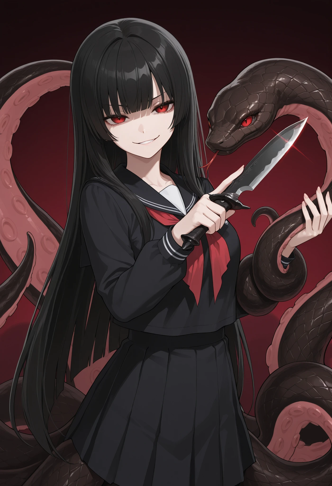 Scylla Girl. Black hair. Straight hair. Straight bangs. Red eyes. Smirk. Japanese high school uniform. Black costume. Dagger knife. Knife in hand. Snake-like tentacles. Countless snakes. Black snakes.