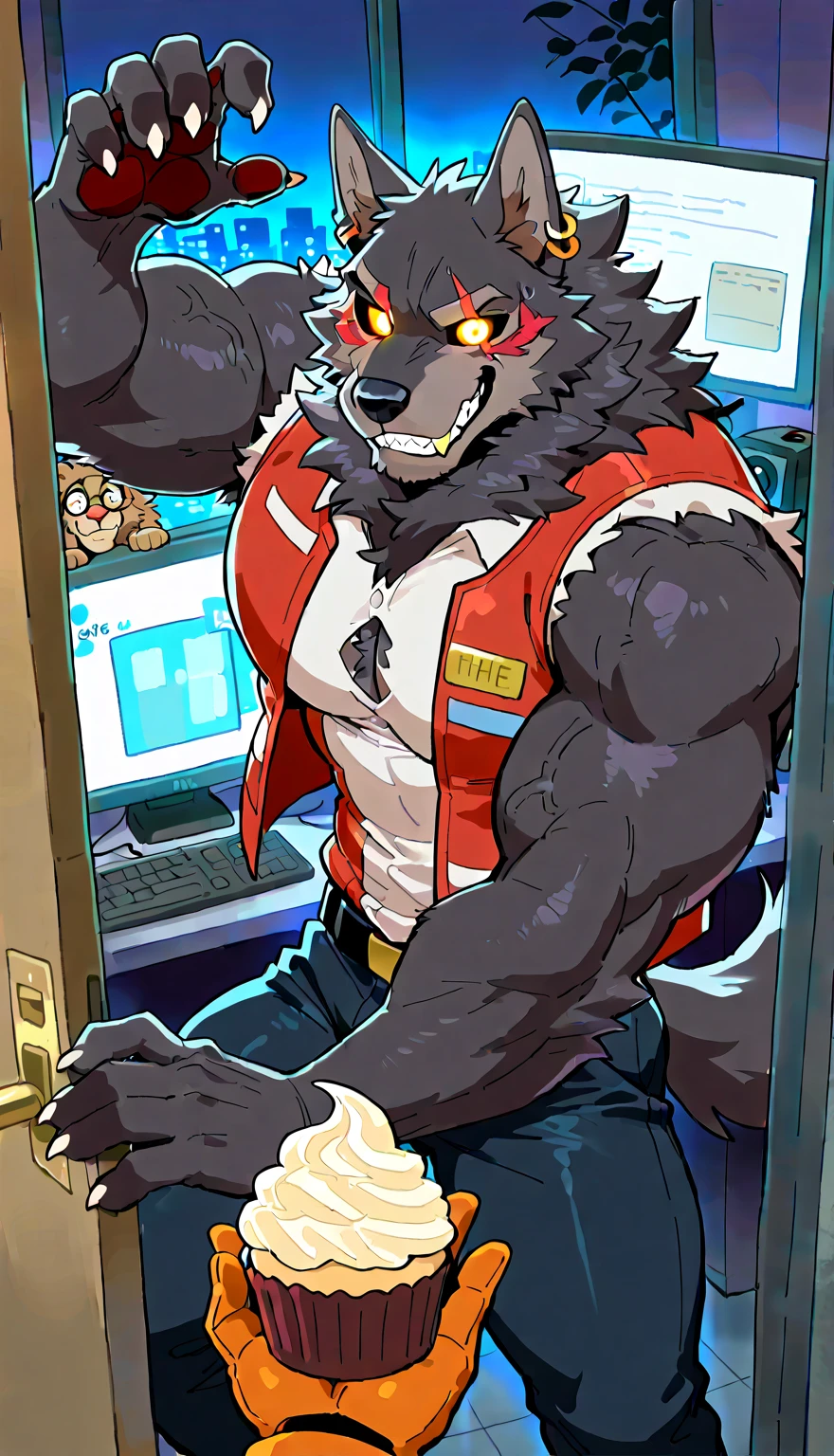 Security officer Dyne is in his office, looking at the many video monitors of Freddy Fazbear's pizzeria. Animatronic Cornelius is sneaking up him!!! BREAK Dyne is a black werewolf furry anthro fazbear security guard. He is smaller than Cornelius. couple, duo, 2 characters.
g score_9, score_8_up, score_7_up, score_6_up, dynamic pose,masterpiece,anthro, (Cornelius, Male, furry, Lion anthro, Medium muscular lion, no mane, brown, light brown lion, feline, long brown pony tail hair, lion ears, wearing tiny gold round glasses, , hands, standing, posing, good , arms, male , perfect , perfect body no defects, hands, 5 fingers, perfect hands, completely perfect body, 4k (Realistic eye details 1.2), fluffy fur, source anime, best quality, anthro, A muscular lion man with a strong build. He has a well-defined jawline and a serious expression. His fur is brown, pony tail long, and he has no mane, Mature male, anthro, feline, animatronic, robot, good drawn sharp teeth, no blur, red body, claws,sharp teeth, gold tooth, gold (metal),shredded ears, animal ears,ear piercing,jewlery, animatronic, robust body, friendly appearance, blue and white metallic fur, red vest, and gold accents, glowing eyes, warm smile, big dumb smile, Highly detailed, white sclera, yellow eyes, male,countershade,fur,white sclera,tall male,hairy male,one hooked hand,muscular male,damaged body,black robotic legs,damaged pec,high angle,close up. Fnaf, Pizzeria security office background. by null-ghost, masterpiece, best quality , furry, wolf, Two tons of fur, ( black fur :0.8), Broad shoulders, Narrow waist, monitors, camera, night, High Quality, Masterpiece, beautiful, s drawings on wall, cupcake on the shelf, guard tools, fan, various small Freddy Fazbear plushies, messy office, open door to pure darkness