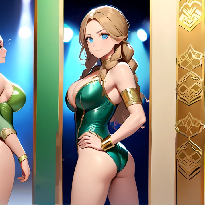 1girl,a beautiful fashion model ,(masterpiece, official art, best quality) (green eyes) ,long and shiny hair, brown hair, full lips, bratty look, smug, freckles, big , stripping, elegant makeup, exhibitionism, sexy out fit, slim thighs, toned body, shiny skin, sexy pose. holding staff, pole dancing,
