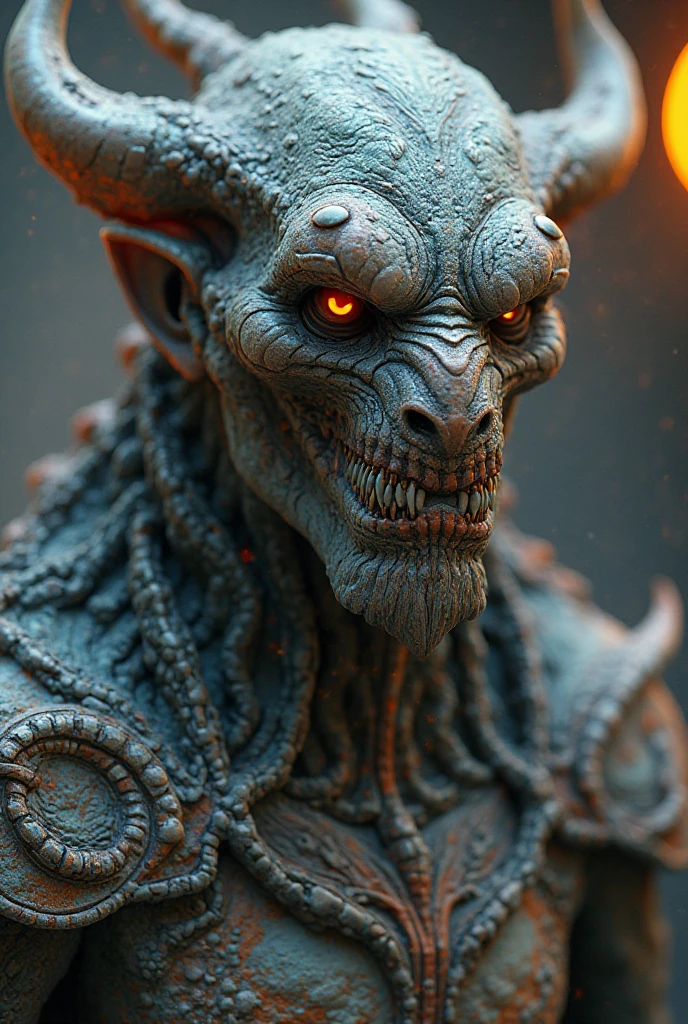 A female demon sculpture made of Damascus steel, Disgusted expression, angry, anger, Extremely detailed facial features, Detailed texture
