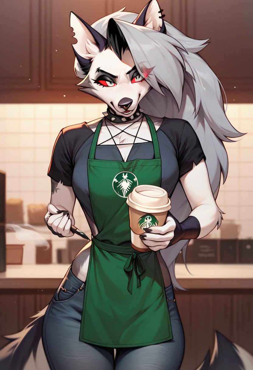 Loona, female, hellhound, long hair, busty, wearing a sleeveless green Starbucks apron, wearing a green Starbucks hat, as a Starbucks employee working at Starbucks cafe, tail, red eyes, happy, horny, sexy, hd 8k m,