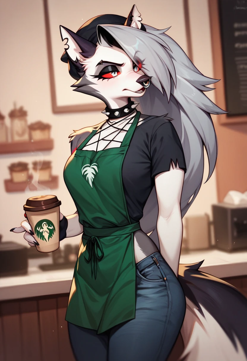 Loona, female, hellhound, long hair, busty, wearing a sleeveless green Starbucks apron, wearing a green Starbucks hat, as a Starbucks employee working at Starbucks cafe, tail, red eyes, happy, horny, sexy, hd 8k m,