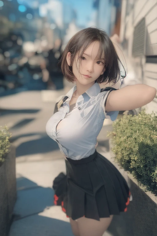 Highest image quality、8K quality、masterpiece、professional writing、(two women are standing facing each other:1.2)、(Super big breasts compressed with clothes:1.3)、Whitening skin、Shining blue eyes、(A tight pure white shirt that completely covers her huge breasts:1.4)、Crimson Ribbon Tie、Amazingly short super mini pleated tartan check skirt、(The upper body is hidden by the shirt and no skin is visible.:1.5)、(constricted waist:1.2)、on lap、Skirtliftv1、(ass:1.3)