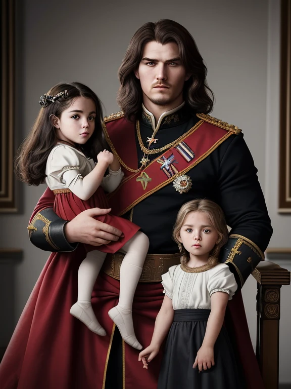 Masterpiece portrait, realistic, intricate details, cinematic lighting, high dynamic range, there is a man and a woman sitting next to a little girl, portrait of a family of three, family portrait, Vladimir Novak, romantic portraiture, royal portraiture, fine art portraiture, inspired by Pierre Auguste Court, realistic Renaissance portrait, classic portrait, Laszló Balog, Roman Bazepalkiv, traditional portrait, royal portrait, 16K, best quality