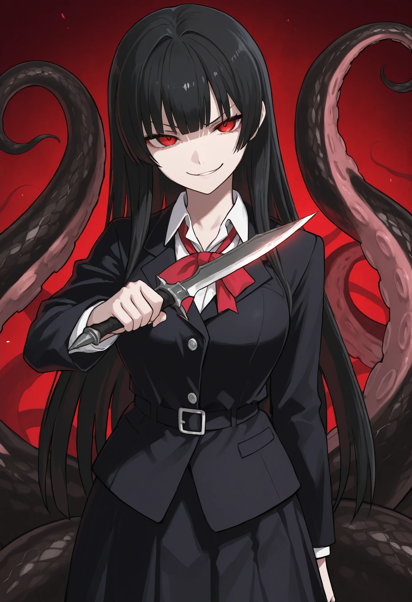 Scylla Girl. Black hair. Straight hair. Straight bangs. Red eyes. Smirk. Japanese high school uniform. Black costume. Dagger knife. Knife in hand. Snake-like tentacles. Countless snakes. Black snakes.