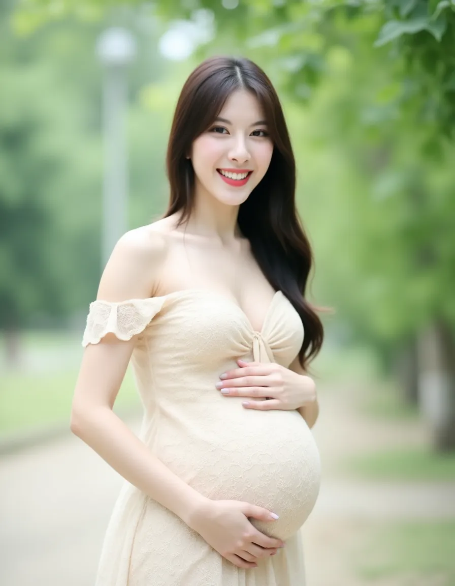 (highest quality、masterpiece、8K、best image quality、hyper realism、Award-winning work)、1 pregnant woman、(独奏:1.1)、(1 photo:1.1)、(Height: 140cm:1.1)、(low length:1.1)、(Lolita:1.1)、(Feminine and girly cute accessories:1.1)、(フェミニンでガーリーな可愛いLolita少女:1.1)、(Elegant pastel light blue T-shirt:1.1)、(Pastel light pink berry long flare skirt:1.1)、(late pregnancy:1.2)、Standing gracefully、(Random beautiful nature scenery background:1.1)、(Spectacular and mysterious scenery:1.1)、(beautiful clear sky:1.1)、(beautiful thunder clouds:1.1)、Full body photo of a woman standing gracefully with the biggest smile looking at me、accurate anatomy、perfect makeup、long eyelashes、glossy lips、Ultra high definition glossy skin、(Ultra-high definition bright and beautiful skin:1.1)、Ultra-high definition glossy lips、Super high definition beautiful teeth