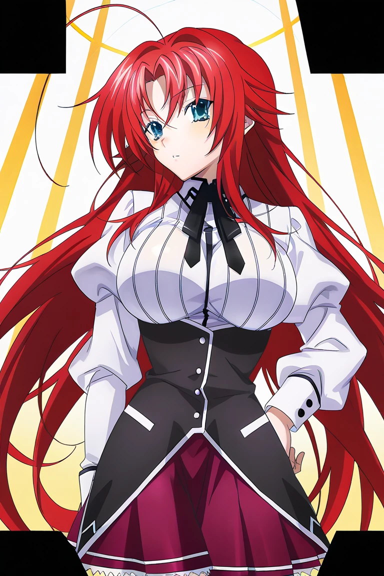 Rias_Gremory, black ribbon, white collared shirt, red pleated skirt, black capelet
(pikkyriasgremory, high school dxd, blue eyes, breasts, large breasts, long hair, very long hair, red hair, ahoge, huge ahoge, 18 years old, thurime) (standing, smilling, front point of view) (outfit: , skirt) ,KuohAcademyUniform, living room, curatins, window, dappled sunlight, sunset, sunset, sunset