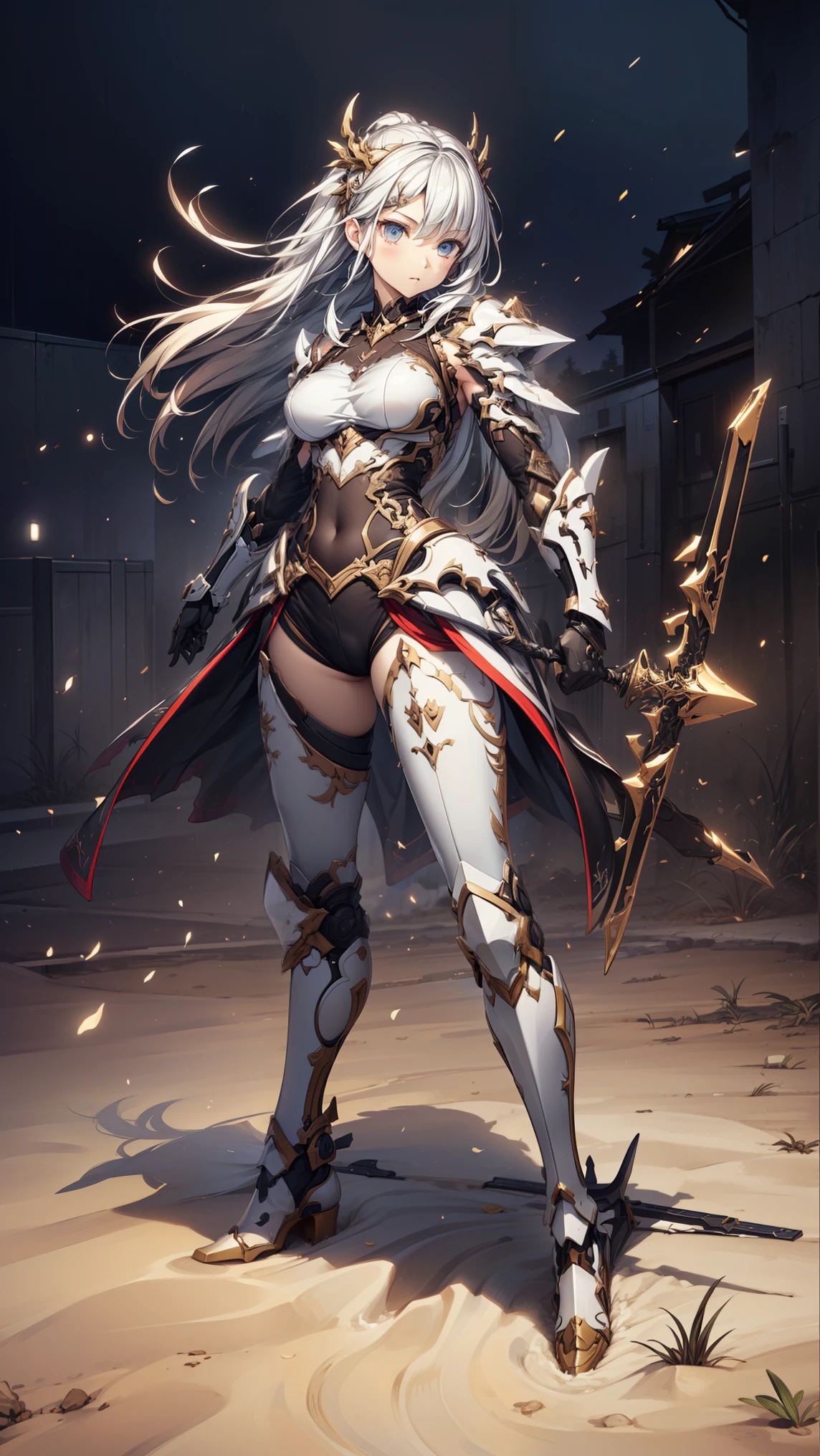 1 woman, elf, pale skin, silver hair, glowing golden eyes, muscule body, full body armor, full body, dungeon background, closed body by armor, hold a spear and shield