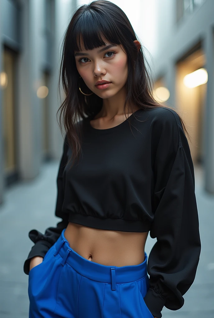 a beautiful 18 year old slim and sexy woman, emo girl, black short sleeve sweater, denim shorts, detailed face, long eyelashes, intricate makeup, cinematic composition, grungy urban environment