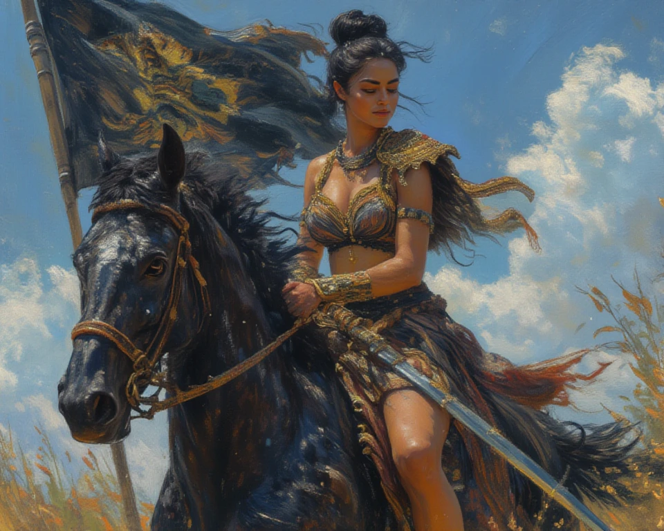 women Riding an tiger, woman lie in tiger, painting of  women and a tigerin a battle field, a mature female, many soldiers outside, male muscle, horse in field, full body, stand, cinematic screen, horses run on field, ethereal, detailed, alluring succubus, ethereal beauty, perched on a cloud, (fantasy illustration:1.3), enchanting gaze, captivating pose, otherworldly charm, mystical sky, soft colors, (detailed cloudscape:1.3), (high-resolution:1.2), ((masterpiece)), (best quality), HDR, ((masterpiece)), (best quality), HDR, FEMME, Mirela Anton art Style, artistic, Soft color palette, windblown flowers, Sparkle, magical photography, Soft smooth lighting, Light background,[light smile], expressionless, On a vaIn this grand ancient battlefield, the ancient army engaged in intense combat with war chariots rushing forward and ancient warriors wielding swords and engaging in fierce battles. Blood splattered, weapons and armor were broken, and battle flags fluttered in the wind, symbolizing victory and glory. The war chariots charged forward, causing the ground to shake and metal sounds to ring out like thunder, stirring the enthusiasm of the warriors.The entire battlefield was filled with swords, blood, and flesh flying around. The warriors fought with all their might, exchanging their lives and blood for the victory of this war. The dust and smoke on the ground spread, and with each sword and explosion, the entire battlefield became even more majestic. However, the cost of the war was tragic, with countless soldiers falling on the battlefield, and their sacrifice was etched into the glorious history of the nation. hdr, (photorealism, masterpiece quality, best quality),