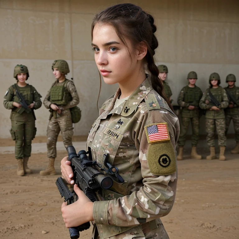 wide angle action photo of a beautiful 20 year old (sexy:0.8) Belgium slim woman with a very cute face, strong arms,(wearing a militairy uniform:1.3), tough look, wide thigh gap, (small round close-set breasts:1.3), (wide hips:1.3), small waist, large bright Dazzling breathtaking eyes, highly detailed, sharp focus, 4k, focus on eyes, (looking at camera:1.2),(in the army:1.4), outside, ruined city, (on the battlefield:1.2), analog style, grey, messy bun hair, dynamic pose