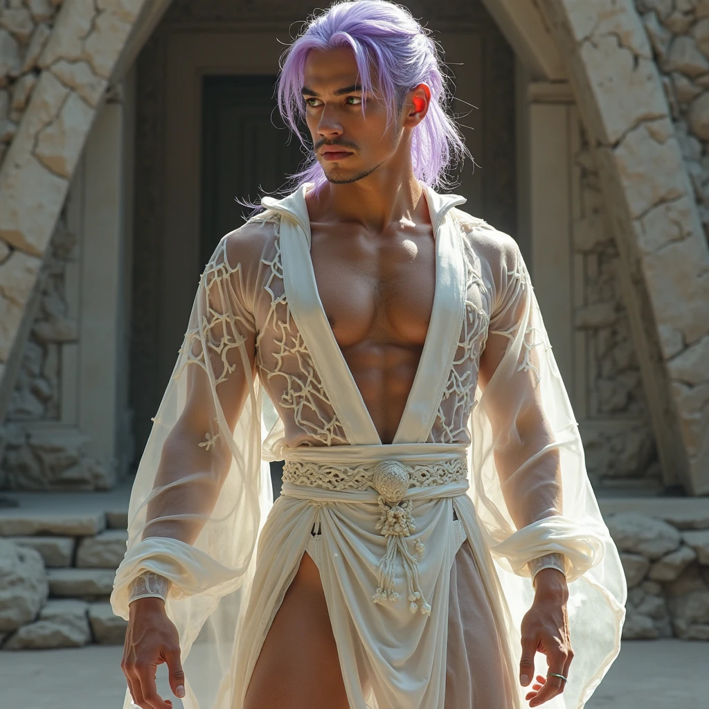a brown man with white hair, eyes black, fine shoulder length hair, Fragile body/mic, freckles on the face