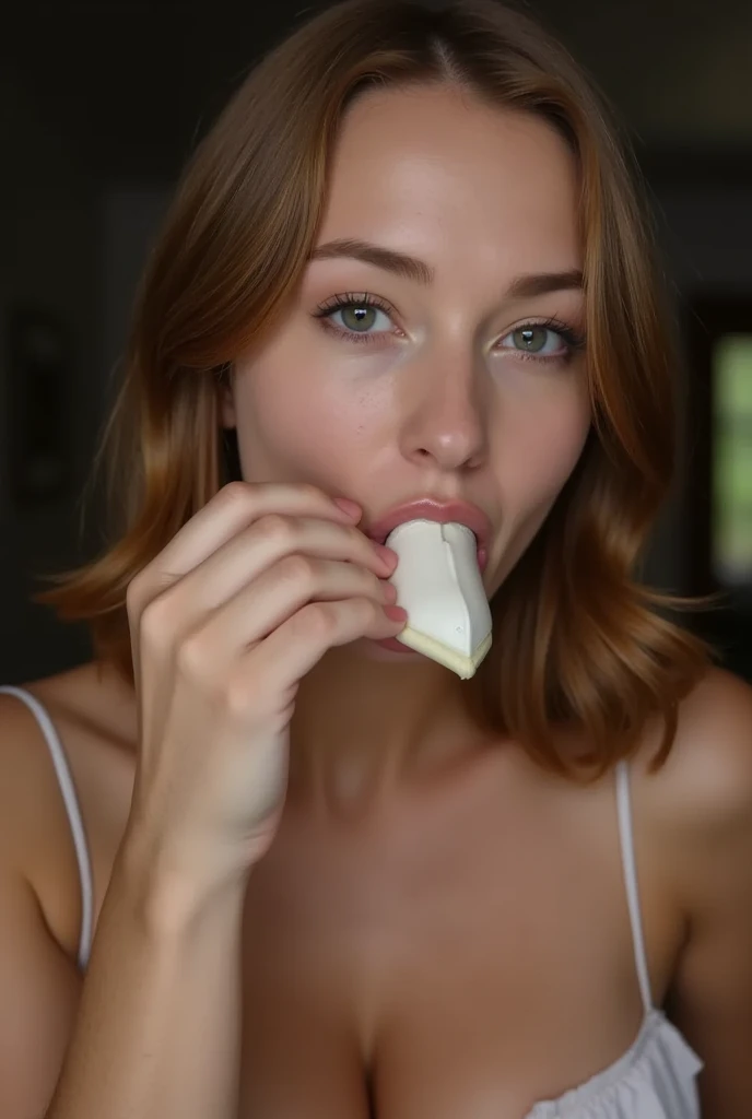 blond woman in stockings eating a strawberry with a bite taken out of it, trending on, derevschikova, beautiful alluring teen, white furniture, focus on droplets, 😭 🤮 💕 🎀, modelsociety, good morning, lovers eat, safehavenhq, genetically engineered, 20yo, suki, tease