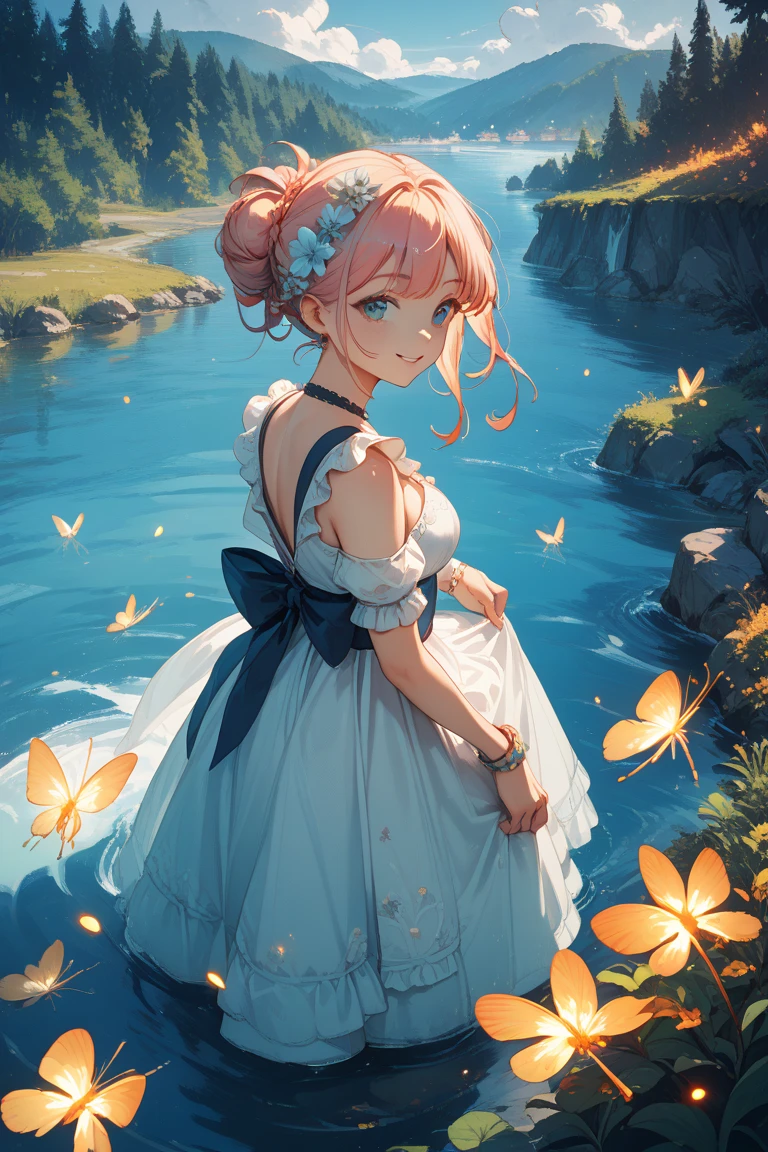 masutepiece、Very cute cat、fantastic quality、beatiful backgrounds、Clear Image、With cats（（（（Cute Cat 1.2））））Girl with a cat,(((Personage as the main perspective))),(((characters in the middle))),((masutepiece)),((Best Quality)),(Ultra-detailed),(Illustration),Clear margins,Alphonse Mucha,the Extremely Detailed CG Unity 8K Wallpapers,((extremely delicate and beautiful)),(Dynamic Angle),Enchanted forest at night illuminated by glowing mushrooms,((Tindall Effect)),(Fluorescent mushroom forest background),1girl in,(arms behind back),(Beautiful detailed eyes),Cute pink eyes,Golden pupil,Detailed face,Upper body,White Dress,messy floating pink hair（（rainbow-colored hair））,disheveled hair,Focus,(beautiful water),River,Flying butterfly,Sunlight,shine,Chiaroscuro,Ray-Ban_tracing,(Painting),[[[[[[8k artistic photography]