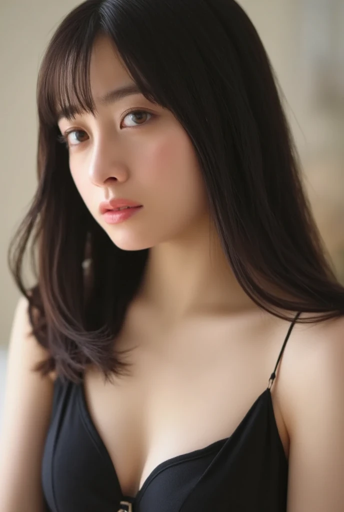 Portrait photo of a pretty young japan lady with light black eyes, (linevichit ombre:1. 3) wavy long hair, indoor, natural lighting, film grain, large breasts, <lora:linevichit3:0.7>,