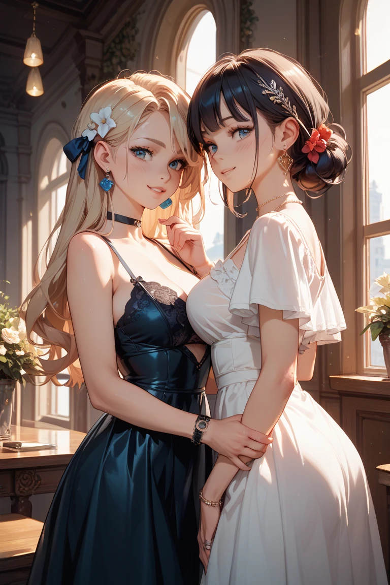Highest quality、High resolution、Detailed Background、(Beautiful face in every detail:1.4)、Anatomically correct、(Normal number of fingers:1.2)、(Highly detailed face:1.2)、(Detailed eyes:1.2)、Beautiful women in their 20s、(Huge breasts:1.2)、Perfect body line、Light color hair、well-groomed eyebrows、Calm and elegant look、mysterious、Dreamy atmosphere、romantic、The sky is starting to darken、Dress with confidence、Feminine delicacy、Model pose、

(Two beautiful women with big smiles on their faces against the backdrop of illuminations and the night view:1.5)、

While showing off your shoulders and décolleté line beautifully、By emphasizing the I-line, you can create a feminine silhouette.、Shiny satin and sheer fabrics give a sexy look.、Deep colors such as red create a mature and sexy look.、A sheer camisole with lace innerwear for a sheer look、A camisole with an open back and a tight skirt make for a beautiful outfit that makes your back look beautiful too.、Put your hair up and show off your neck for a more sexy look.、Add some red lipstick and eyeshadow to brighten up your face and make it even more attractive.、Necklaces and earrings、By using accessories such as belts effectively, you can bring out your charm even more.、very beautiful