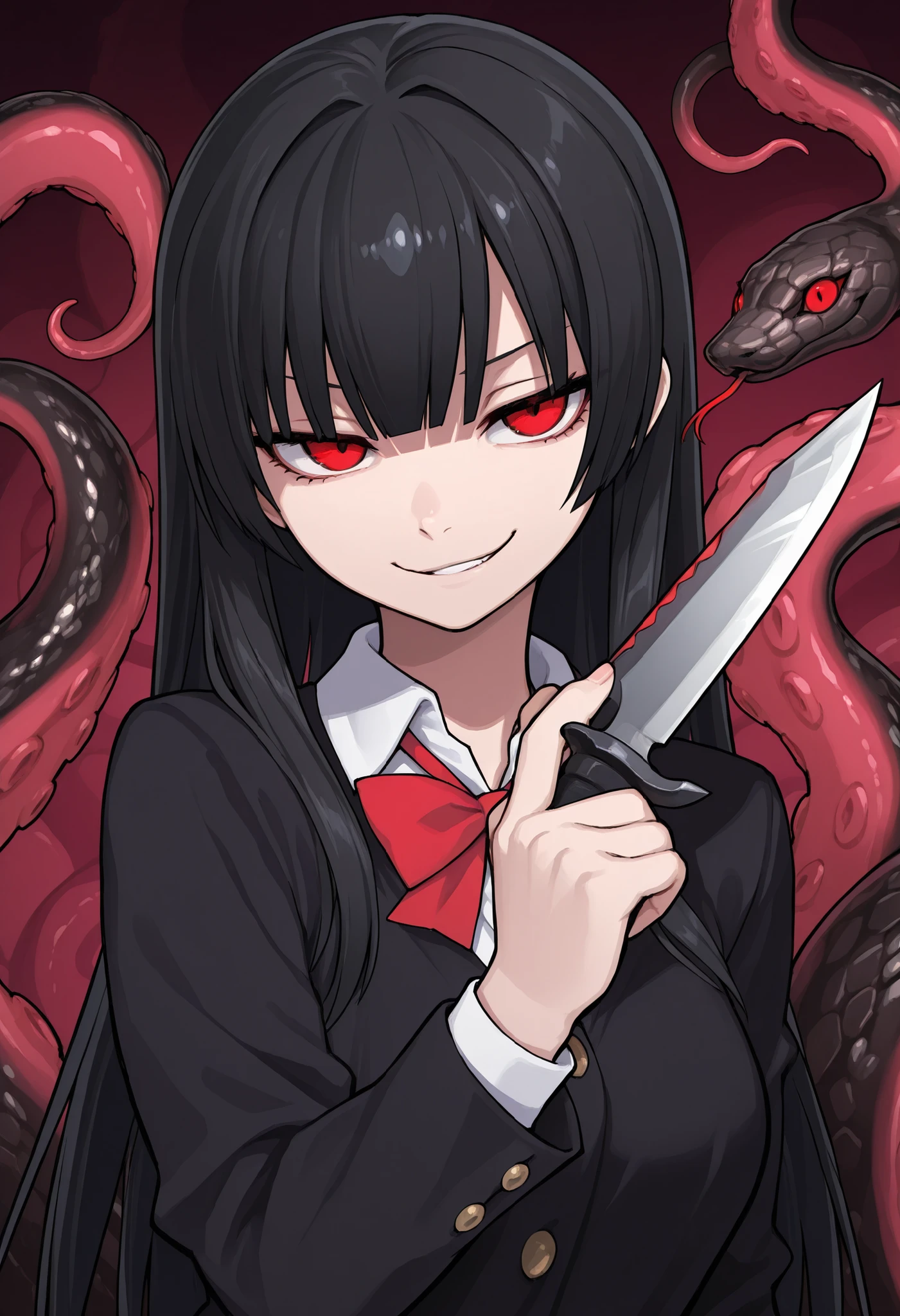 Scylla Girl. Black hair. Straight hair. Straight bangs. Red eyes. Smirk. Japanese high school uniform. Black costume. Dagger knife. Knife in hand. Snake-like tentacles. Multiple snakes. Black snakes.