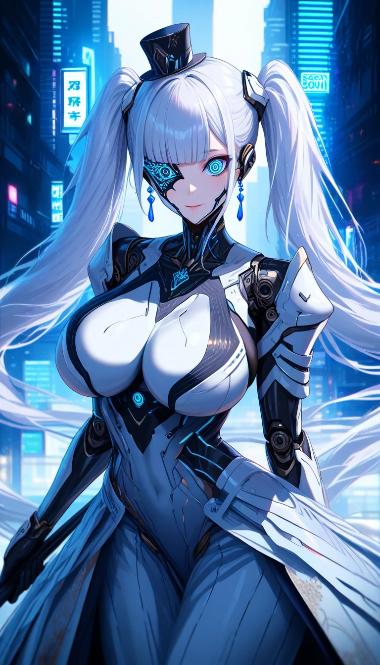 Woman covered in intricate white cybernetics, blue led light, combat uniform, cleavage, high tech, ultra high resolution, 32k, (bikini cyborg robot parts), (be familiar with:1.4), cyberpunk city background, Rainy streets, beautiful face, golden long hair,perfect body,(Lie:1.3)