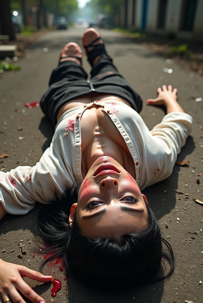 Young half naked dead dirty body of Indonesian girl, descent mixed from sundanese and javanese, 25 years old, slim body, georgeus face, lying down half naked on the street as a dead girl, head lying weak limp down on asphalt, dead girl white turned up eyes, dead girl being hasbdamage body and face, caused by bloody motor bike accident, all her clothes torn aparts, her body and motorbike crushed by a heavy truck, blood flowing out from her open mouth and nose and ears, natural, very detail, very realistic, all her body visible, hairy bloody vagina exposed visible, wearing torn and folded up messy dress, torn into many parts thin trousers, torn aparts panty, blown up bra, weak limp down legs and hands on asphalt, no cartoon,